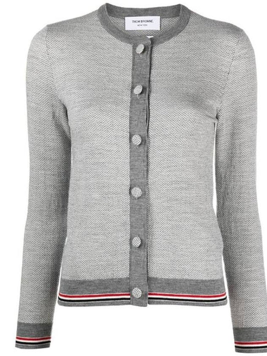 Herringbone Crew Neck Wool Cardigan Light Grey - THOM BROWNE - BALAAN 2