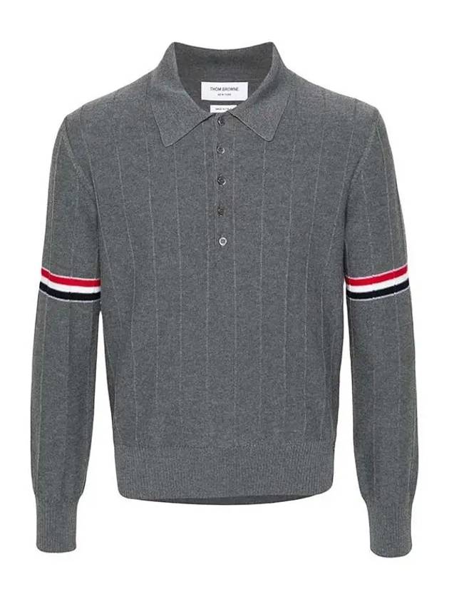 Striped Virgin Wool Long Sleeve Polo Shirt Grey - THOM BROWNE - BALAAN 2