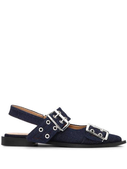 Feminine Buckle Ballerinas Denim Flats Dark Navy - GANNI - BALAAN 2