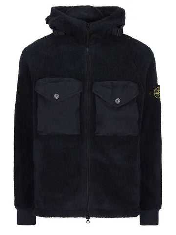 Men's Wappen Patch Shearling Hooded Jacket Navy - STONE ISLAND - BALAAN 1