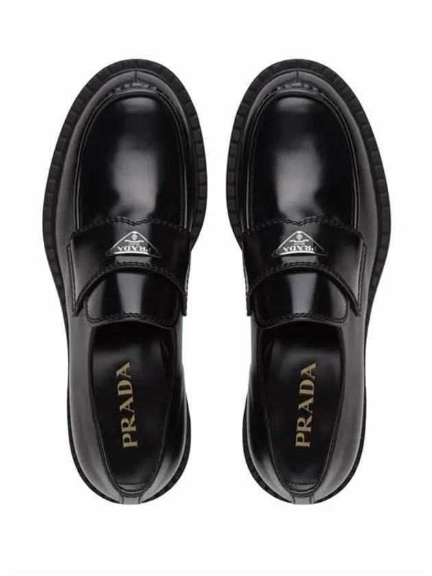 Chocolate Brushed Leather Loafers Black - PRADA - BALAAN 4