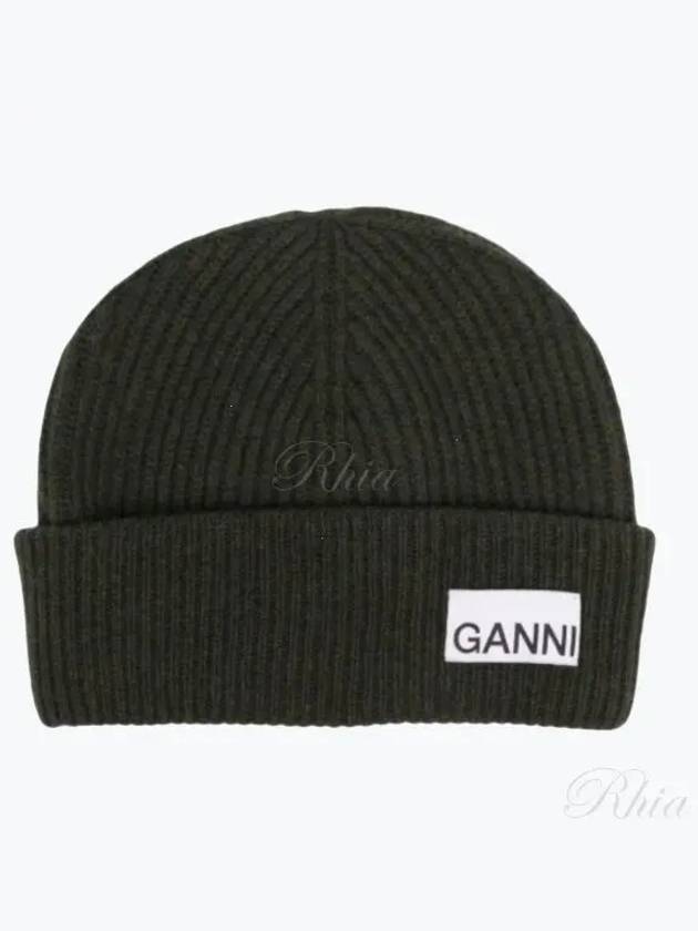 Logo Patch Ribbed Knit Beanie Khaki - GANNI - BALAAN 2