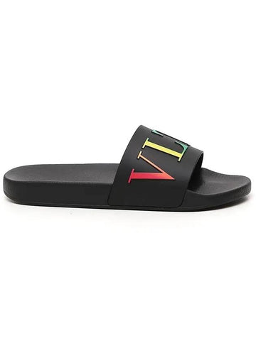 Rainbow VLTN Logo Rubber Slippers Black - VALENTINO - BALAAN 1