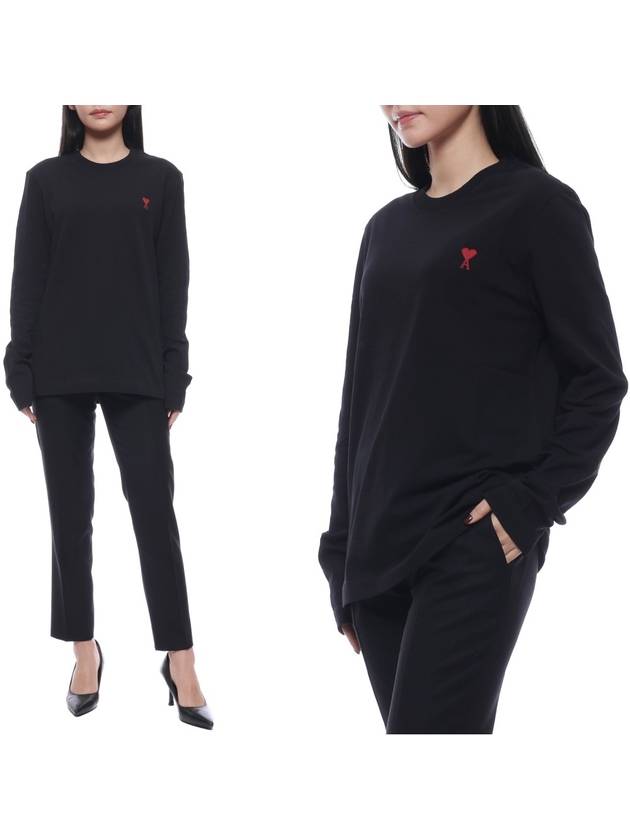 Chain Stitch Heart Logo Long Sleeve T-Shirt Black - AMI - BALAAN 2