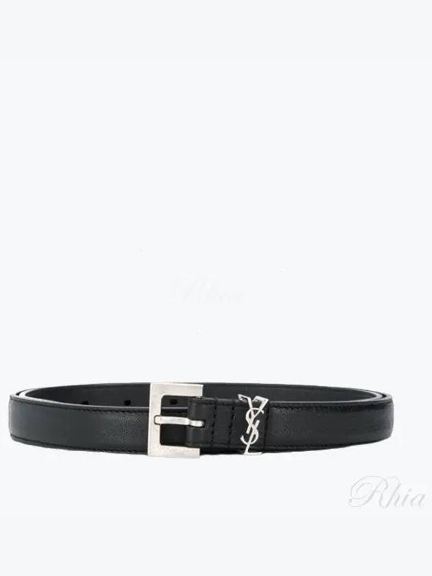 Men's Monogram Silver Buckle Leather Belt Black - SAINT LAURENT - BALAAN 2