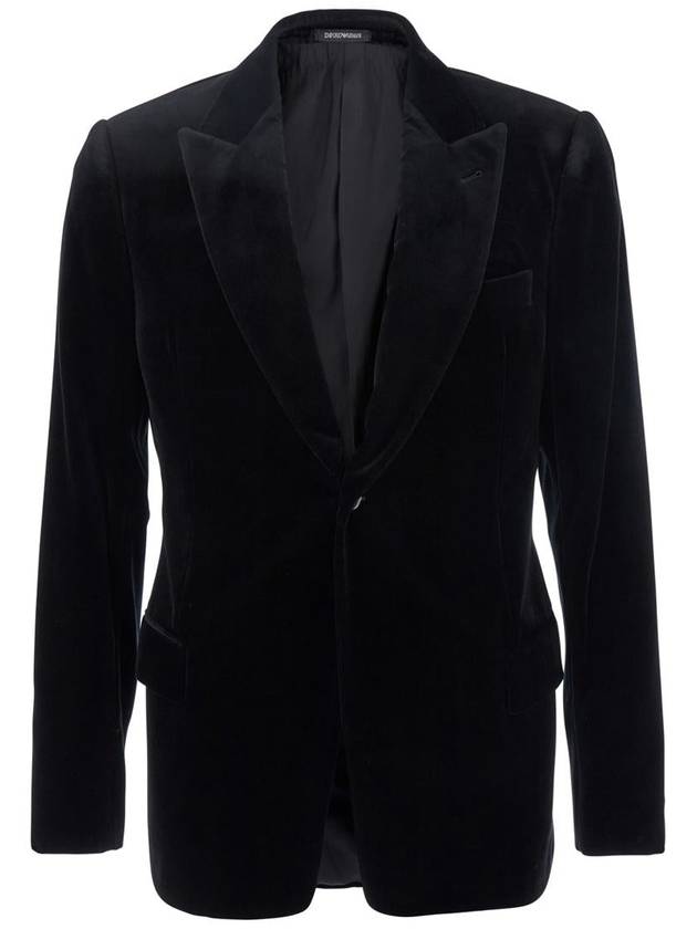 Black Single Breasted Jacket With Shawl Lapel In Velvet Man - EMPORIO ARMANI - BALAAN 1