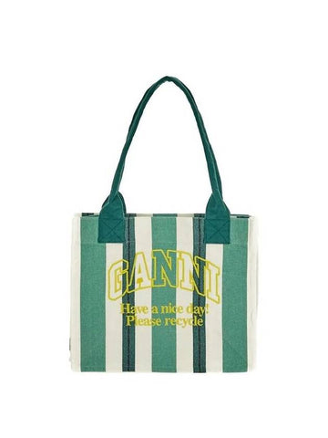 Large Striped Canvas Tote Bag Green - GANNI - BALAAN 1