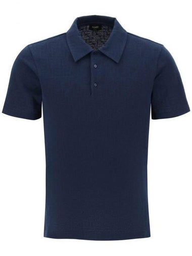 Men's Button Detail Short Sleeve Jacquard Polo Shirt Navy - FENDI - BALAAN 1