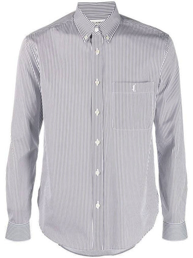 Striped Monogram Long Sleeve Shirt Gray - SAINT LAURENT - BALAAN 1