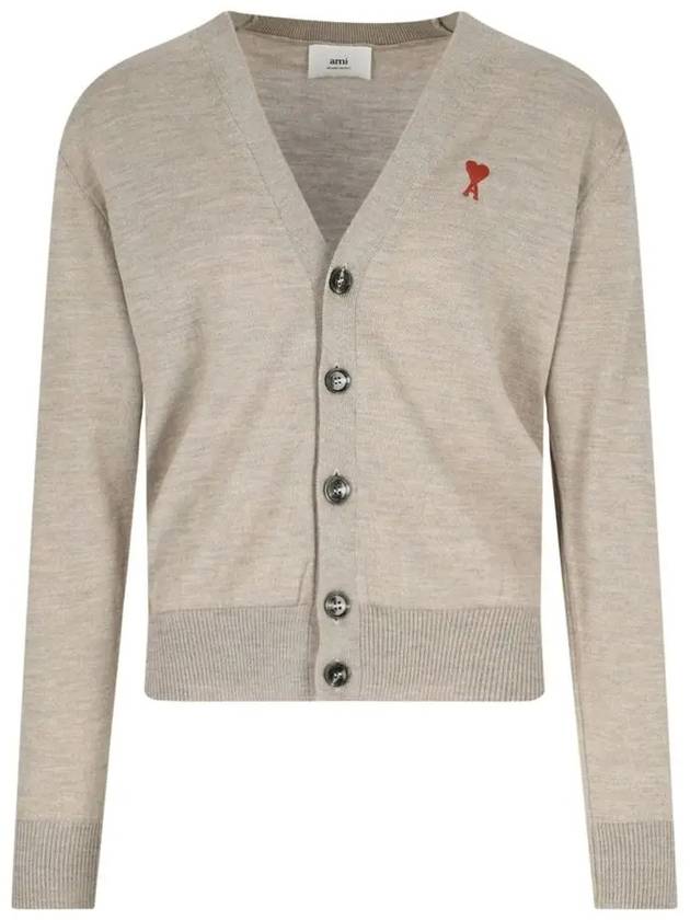 Red Heart Logo Merino Wool Cardigan Beige - AMI - BALAAN 3