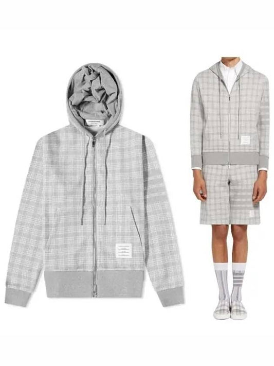 Check Jacquard Diagonal Bar Hood Zip-Up Gray - THOM BROWNE - BALAAN.