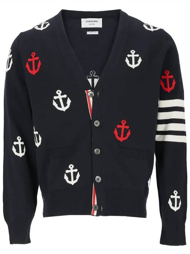 Anchor Intarsia 4-Bar V-Neck Cardigan Navy - THOM BROWNE - BALAAN 2