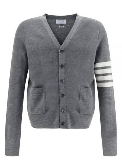 4-Bar Striped Waffle High V-Neck Cardigan Light Grey - THOM BROWNE - BALAAN 2