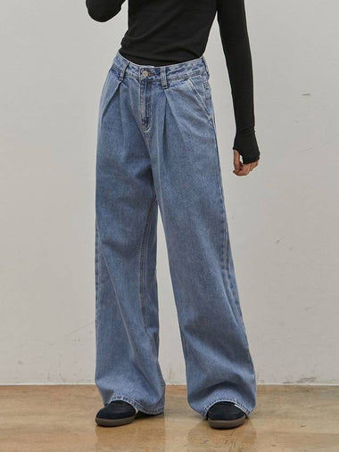 Denim pleated tuck wide long pants blue - RYUL+WAI: - BALAAN 1