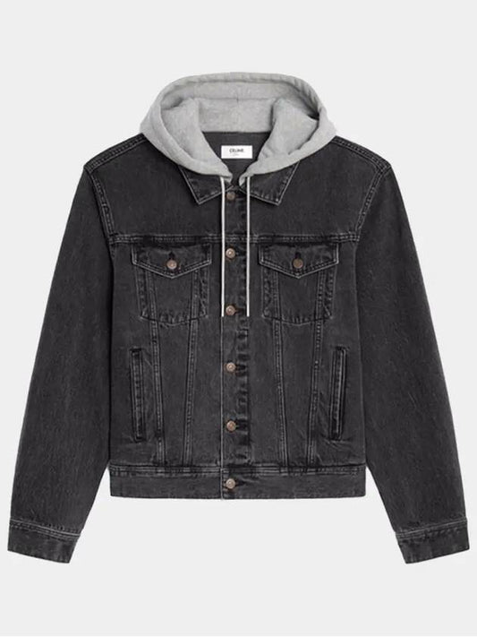 Logo Hoodie Trucker Denim Jacket Charcoal Wash - CELINE - BALAAN 2