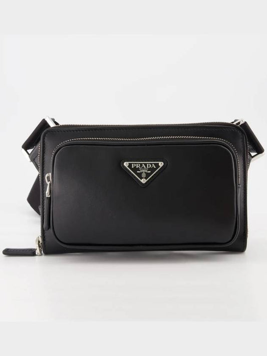 triangle logo leather belt bag black - PRADA - BALAAN 2