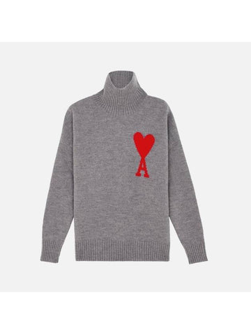 Big Heart Intarsia Turtleneck Heather Grey - AMI - BALAAN 1