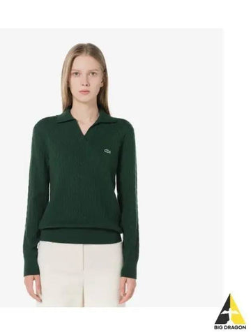 Women s Cable Open Collar Sweater Deep Green - LACOSTE - BALAAN 1