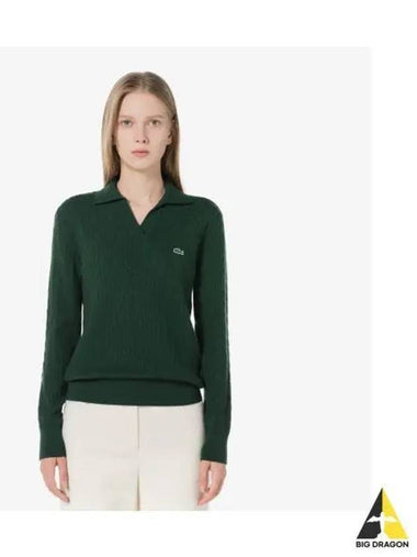 Women s Cable Open Collar Sweater Deep Green - LACOSTE - BALAAN 1