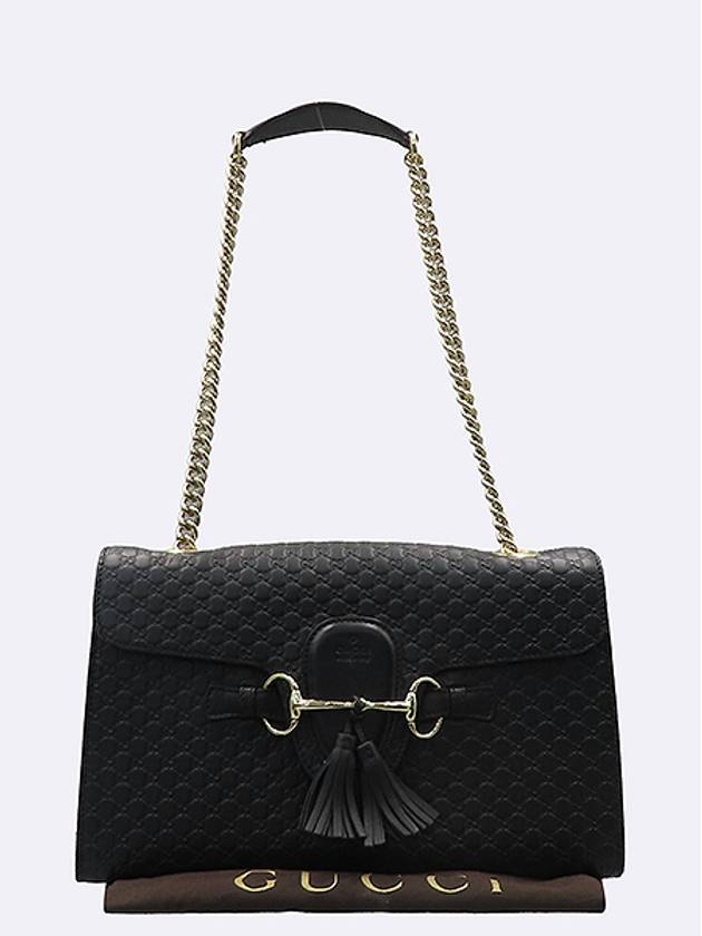 Gucci 449635 GG Logo Black Micro Cima Leather Horsebit Tassel Detail Emily Shoulder Bag - GUCCI - BALAAN 1