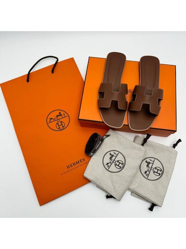 Oran Calfskin Slippers Gold Piqures Ecrues - HERMES - BALAAN 10