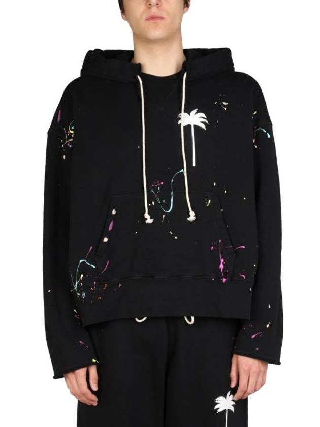 Palm Tree Print Paint Splatter Effect Hoodie Black - PALM ANGELS - BALAAN 2