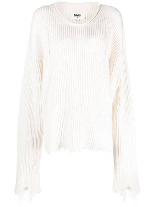 Distressed Crew Neck Ribbed Knit Top Off White - MAISON MARGIELA - BALAAN 1