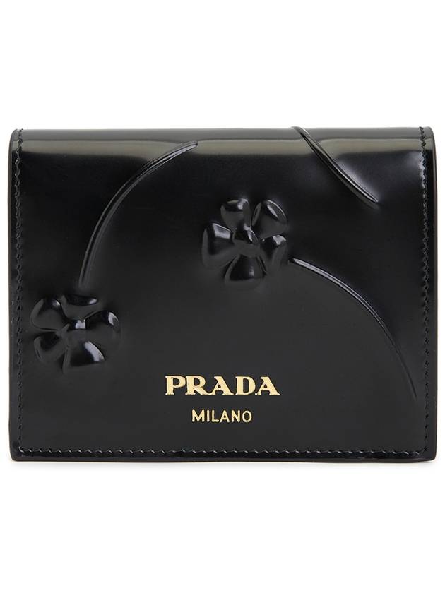 Flower Brushed Leather Half Wallet Black - PRADA - BALAAN 2