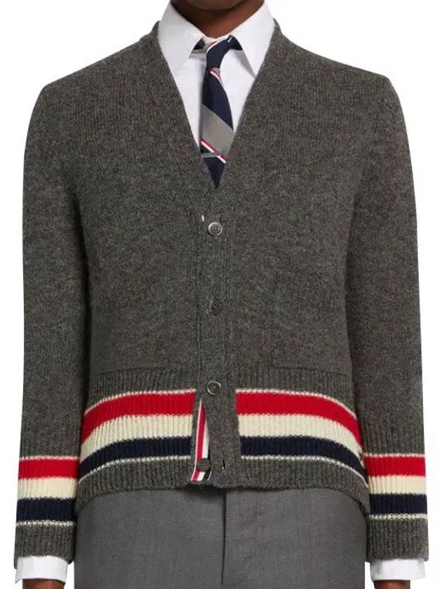 Men's Jersey Stitch Shetland Stripe Classic V-Neck Cardigan Grey - THOM BROWNE - BALAAN 4