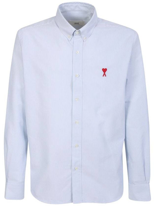 Embroidered Heart Logo Stripe Long Sleeve Shirt Sky Blue - AMI - BALAAN 2