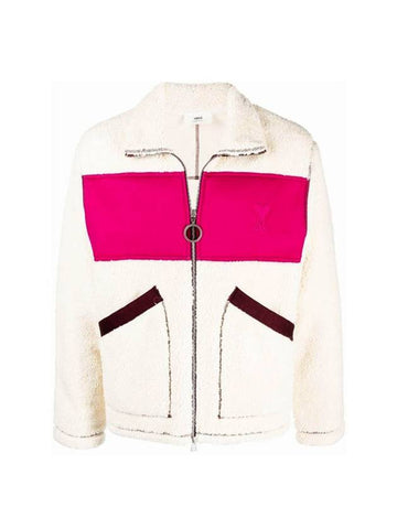 Heart Logo Fleece Fur Zip-Up Jacket Off-White Fuchsia - AMI - BALAAN 1