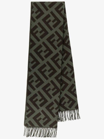 FF Motif Fringe Cashmere Scarf Green - FENDI - BALAAN 1