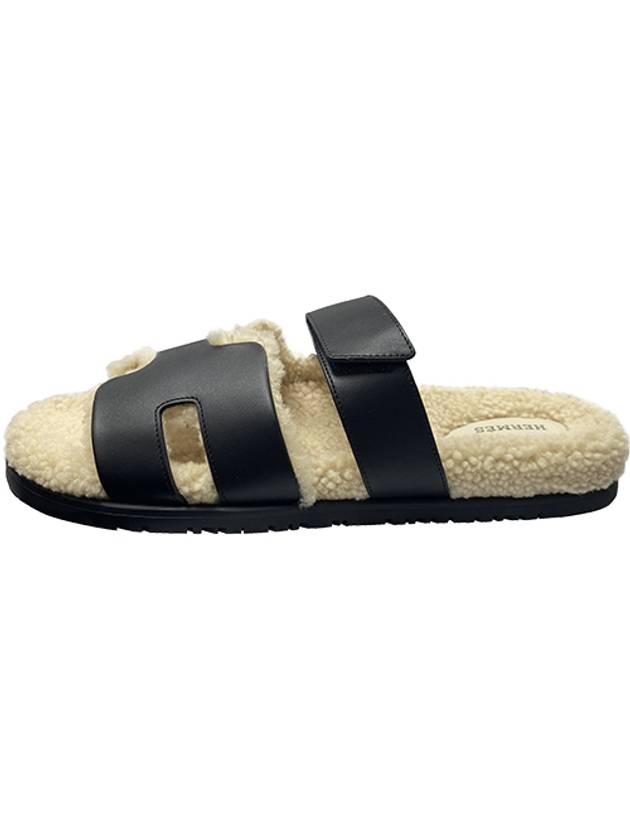 Chypre Shearling Calfskin Sandals Beige Black - HERMES - BALAAN 2