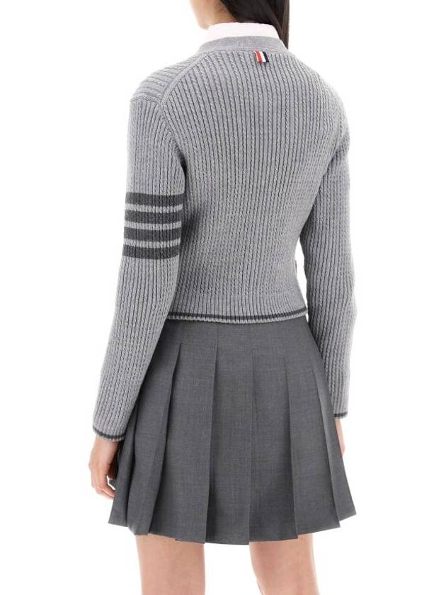 4 Bar Cable Wool Crop Cardigan Grey - THOM BROWNE - BALAAN 4