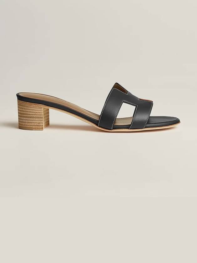 Oasis Calfskin Slipper Heels Noir Piqures Ecrues - HERMES - BALAAN 7