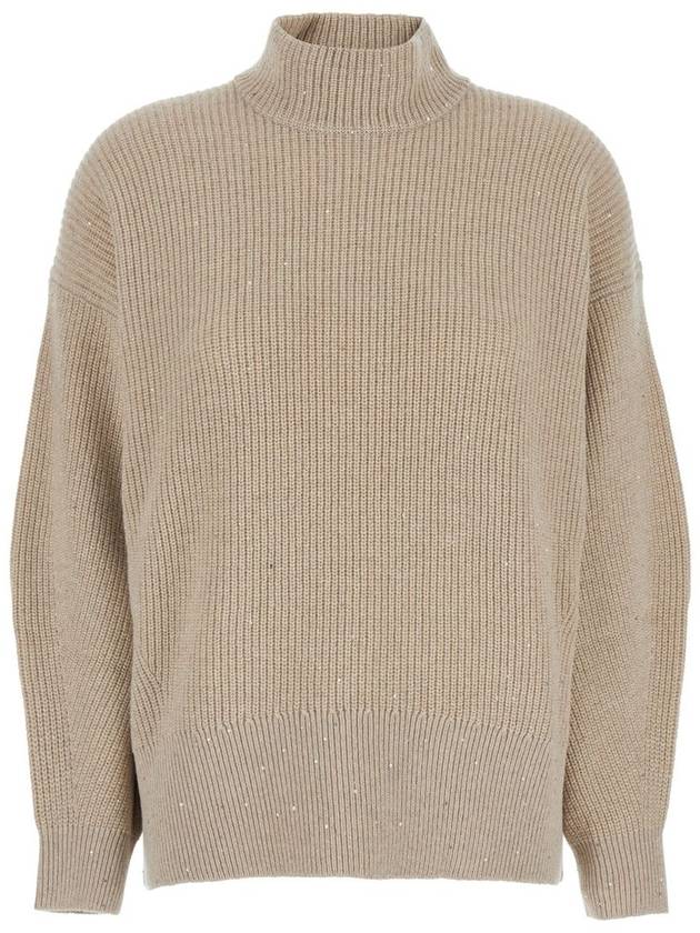 Oversized Beige Ribbed Sweater In Cashmere, Wool And Lurex Woman - BRUNELLO CUCINELLI - BALAAN 1