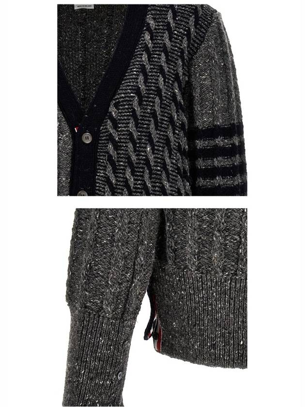 Funmix Donnyroll Cable 4 Bar V-Neck Cardigan Medium Grey - THOM BROWNE - BALAAN 7