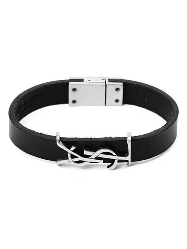 Opyum Silver Logo Leather Bracelet Black - SAINT LAURENT - BALAAN 3