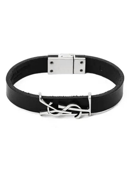 Opyum Silver Logo Leather Bracelet Black - SAINT LAURENT - BALAAN 2