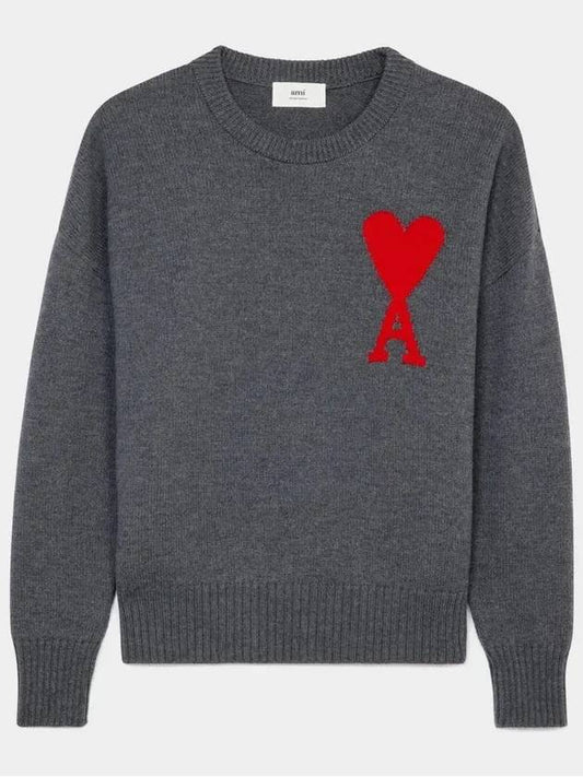 Big Heart Logo Intarsia Wool Knit Top Grey - AMI - BALAAN 2