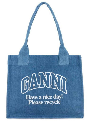 Embroidered Logo Large Denim Tote Bag Blue - GANNI - BALAAN 1