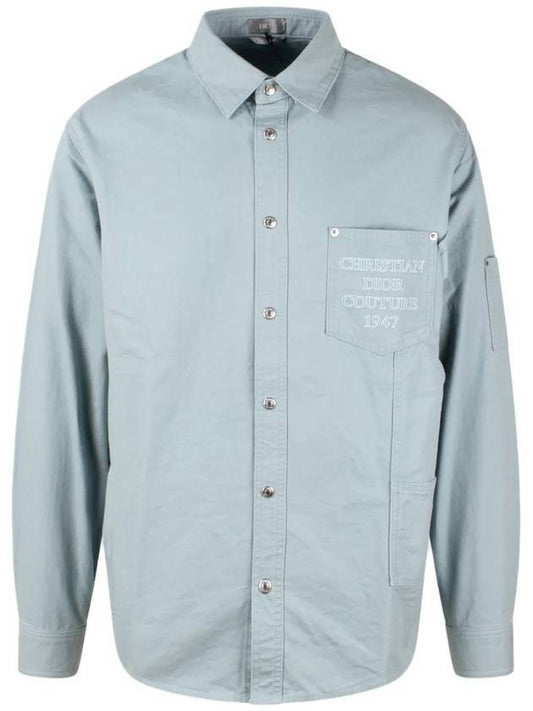 Embroidered Logo Collared Cotton Long-Sleeve Shirt Blue - DIOR - BALAAN 1