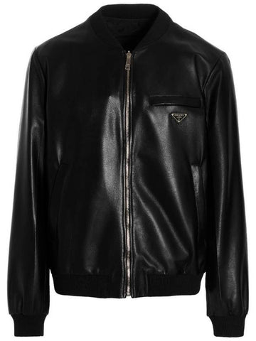 Reversible Nappa Leather Nylon Bomber Jacket Black - PRADA - BALAAN 1