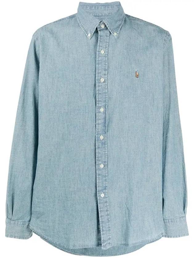 Men's Embroidered Logo Custom Fit Chambray Long Sleeve Shirt Blue - POLO RALPH LAUREN - BALAAN 1