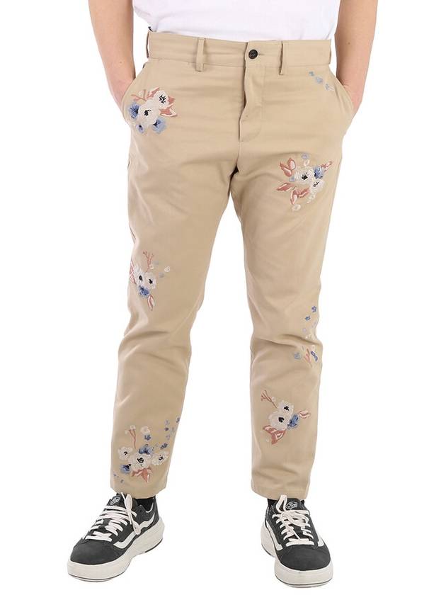 Men's Slim Fit Embroidered Cotton Straight Pants Beige - BURBERRY - BALAAN 2