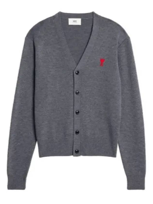 Small Heart Logo Wool Merino Cardigan Grey - AMI - BALAAN 2