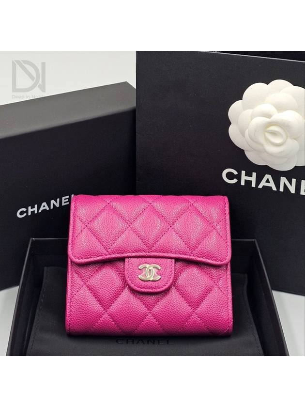 Classic Small Flap Gold Grained Shiny Gold Half Wallet Red Pink - CHANEL - BALAAN 2