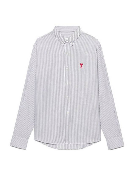 Men's Heart Logo Striped Button Down Long Sleeve Shirt Grey - AMI - BALAAN 1