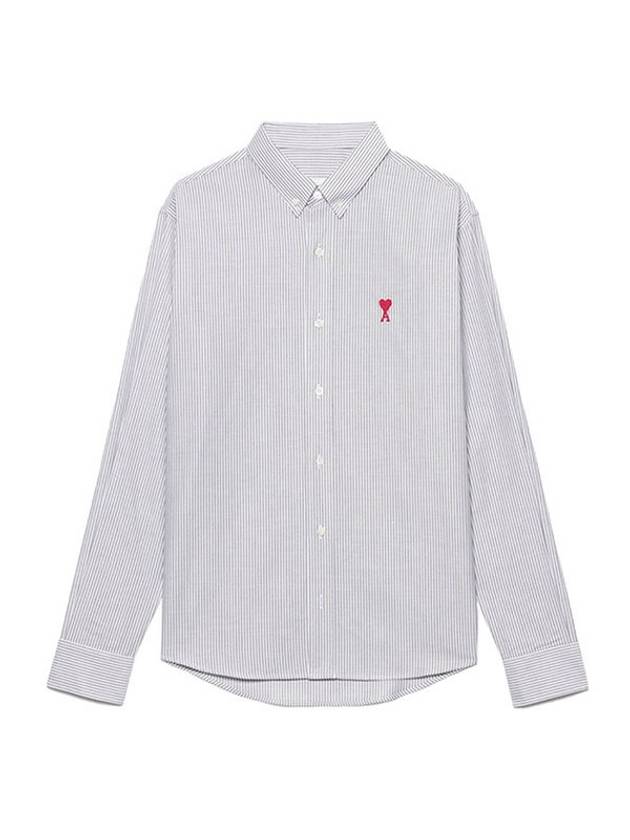 Men's Heart Logo Striped Button Down Long Sleeve Shirt Grey - AMI - BALAAN 1