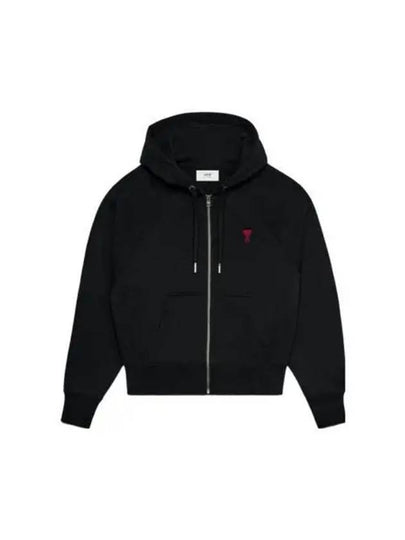 Small Heart Logo Cotton Zip Up Hoodie Black - AMI - BALAAN 2